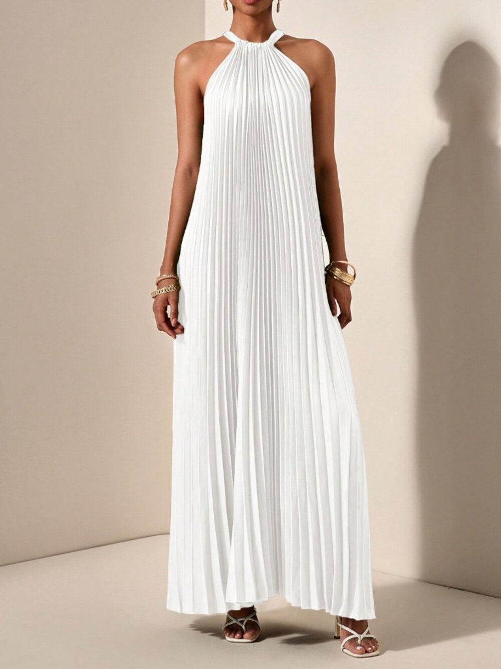 White Casual Women's Halterneck Sleeveless Pleated A-Hem Loose Maxi dress - Picture 5 of 8